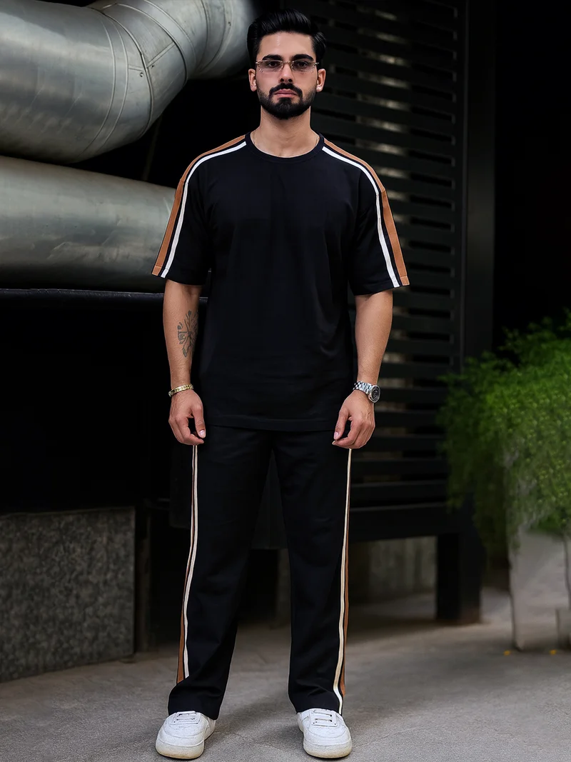 مانياك Maniac Mens Colorblock Side Tape Round Neck Half Sleeve Black and Brown Cotton Co-Ords